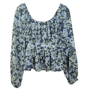 Planet Heart Peplum Top Floral Clip Dot Smocked Waist Long Sleeve Blue Green L